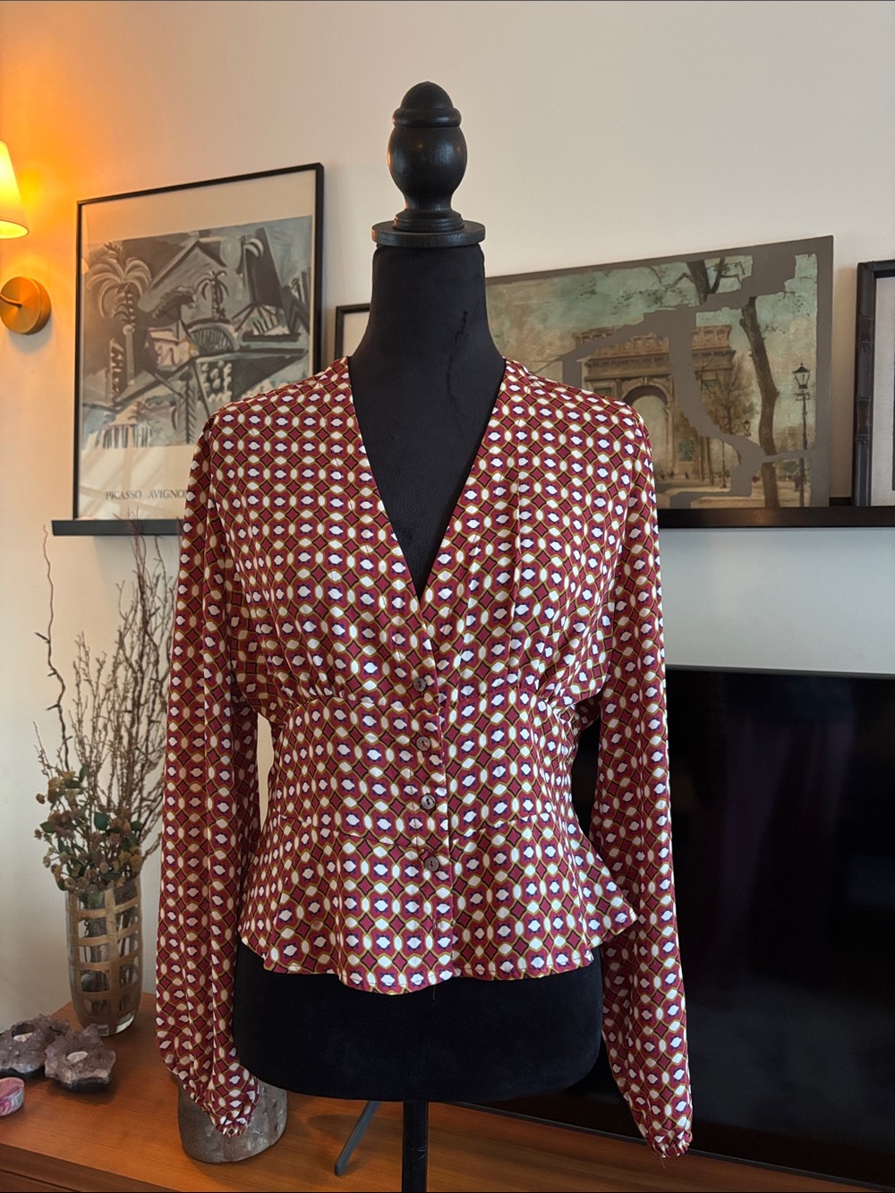 Olivaceous Retro Geo-Print V-Neck Button Front Blouse